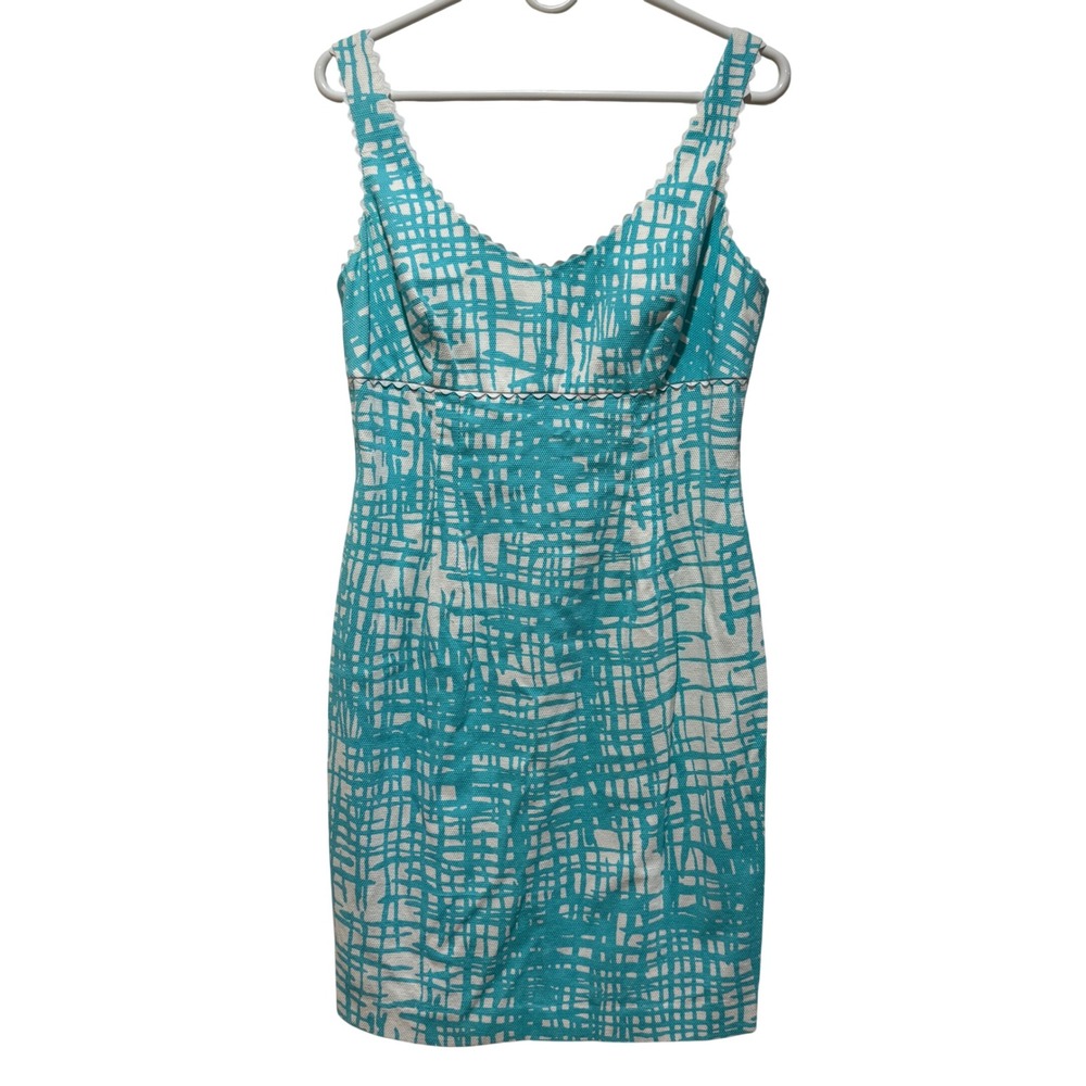 Etcetera Blue White Abstract Print Scalloped Trim Cotton Mini Sheath‎ Dress 10